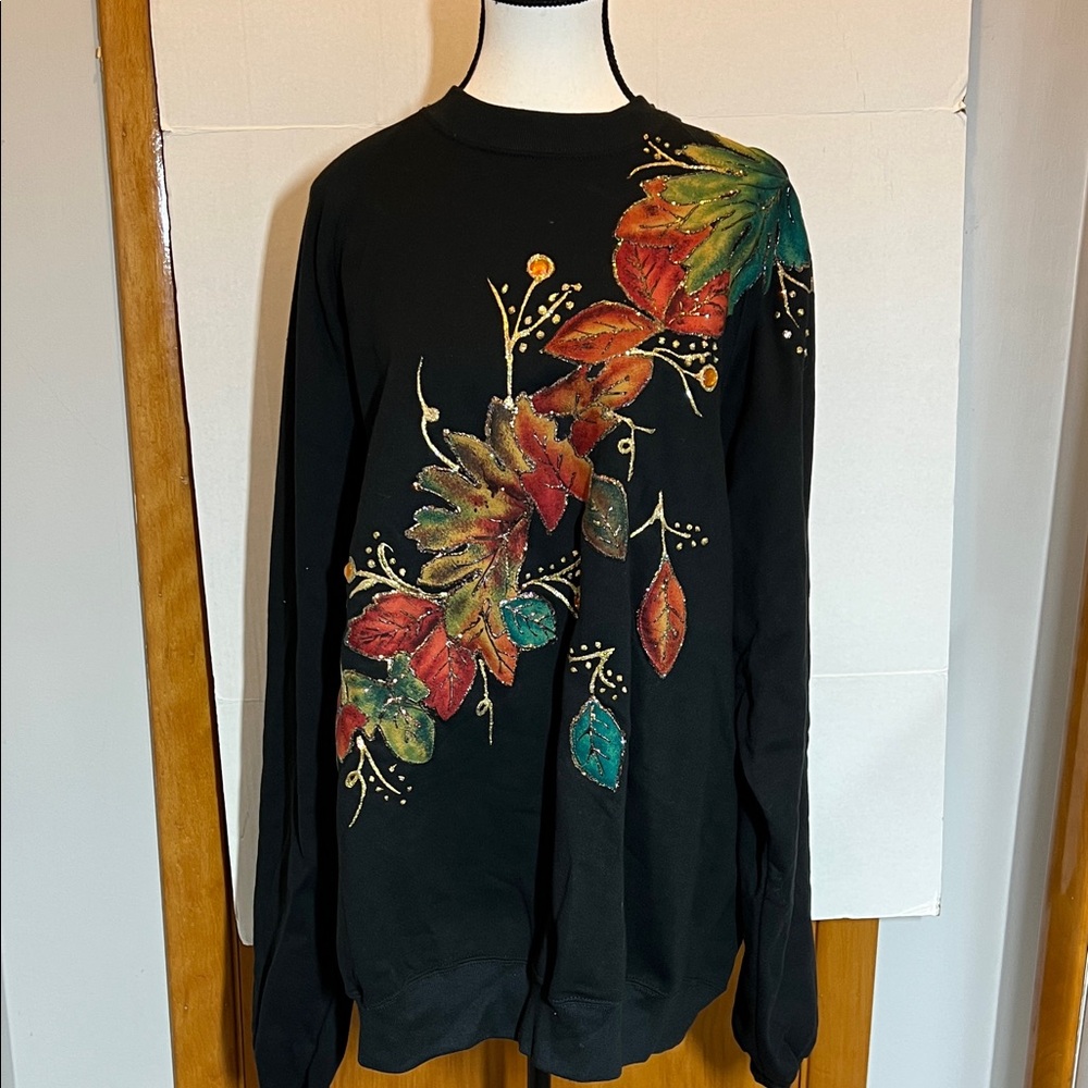 Jerzees Women's Black Sweatshirt with Hand designed Colorful Leaf Sweatshirt